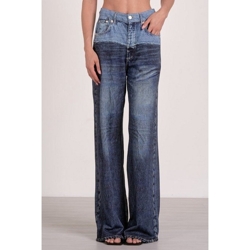 Elan Jade Sweatpant Jean Two Tone Blue Wide Leg Denim High Rise Womens Size M